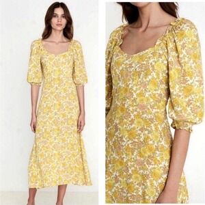NEW! Faithfull the Brand Floral Midi Dress Puff Short Sleeve Yellow SZ 8